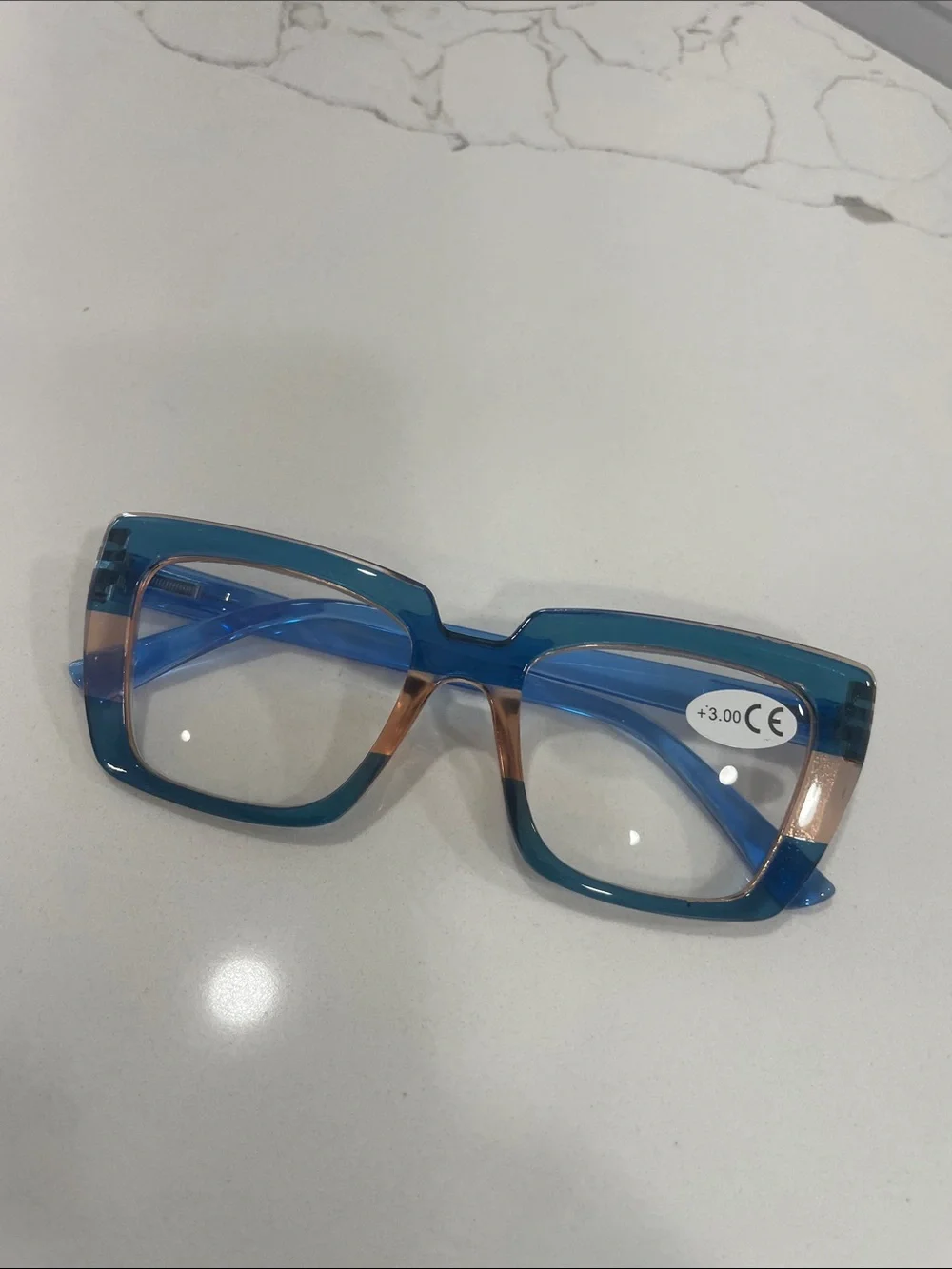 Blue and Tan Rectangular Reading Glasses (+3.00)